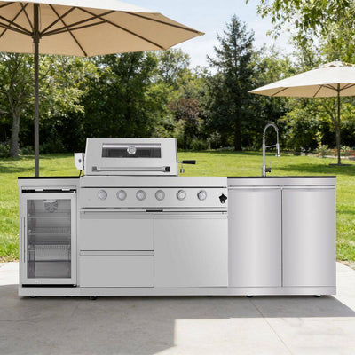 Biscayne Bay 46" 4-Burner Propane Outdoor Kitchen Island | 72,000 BTU, Sink, Refrigerator, Rotisserie & Black Galaxy Granite Countertops