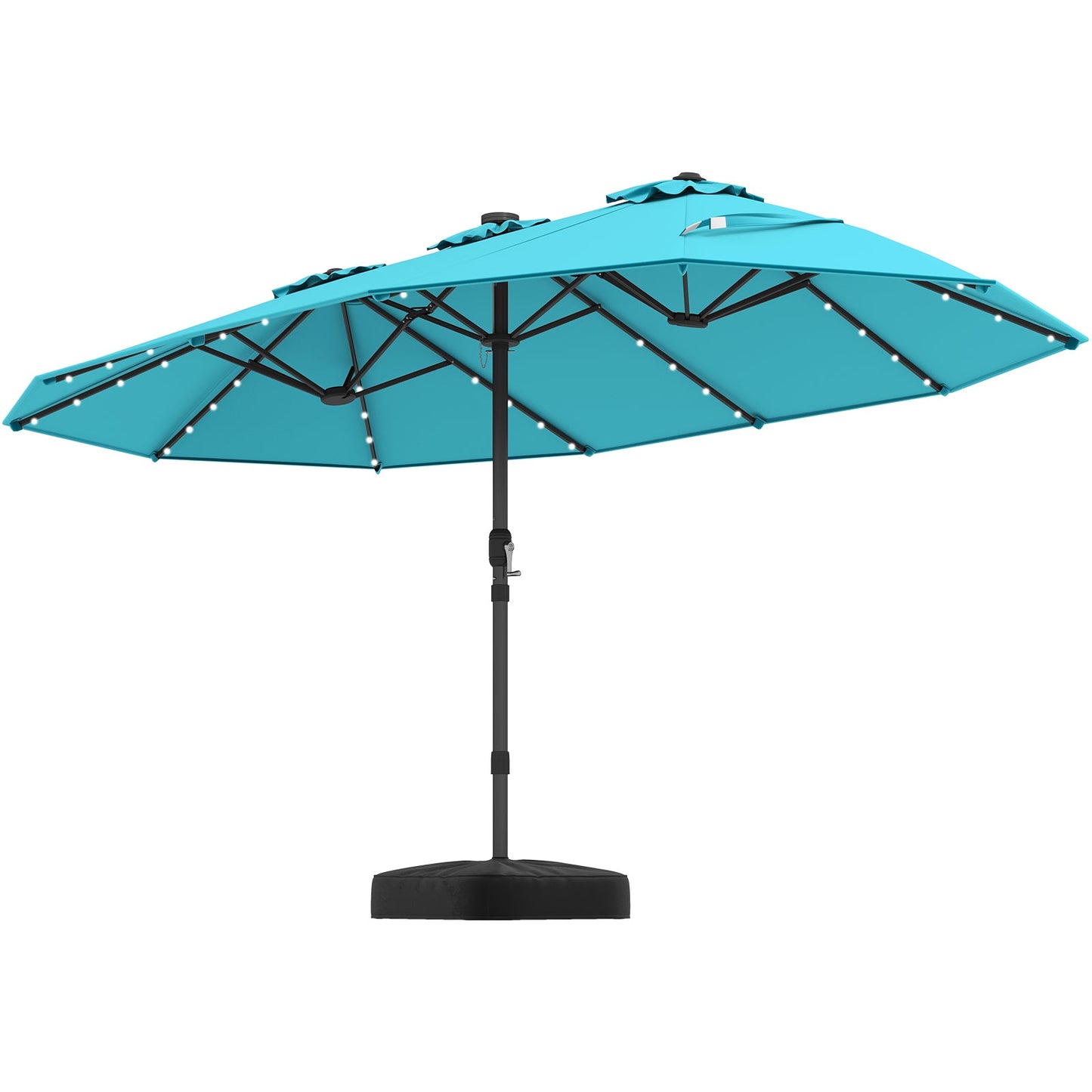 Turquoise patio umbrella with LED lights on a white background