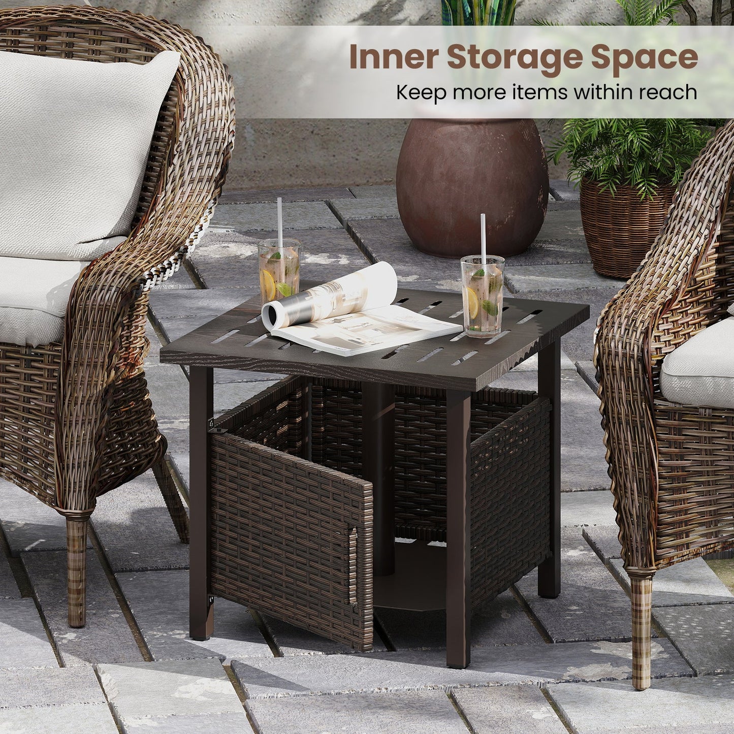 All-Weather PE Wicker Outdoor Side Table with Umbrella Hole — Brown