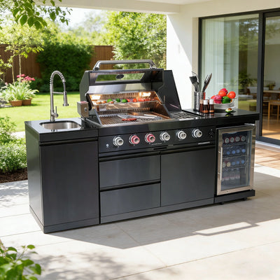 Daheat 85" Outdoor Kitchen Island | 72,000 BTU 4-Burner Grill, Sink, Wine Cooler, Refrigerator & Black Granite Countertops