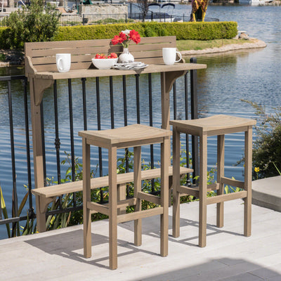 NIKKI CASA 3-Piece Outdoor Balcony Bar Set | Gray Acacia Wood | Table & 2 Stools | Seats 2