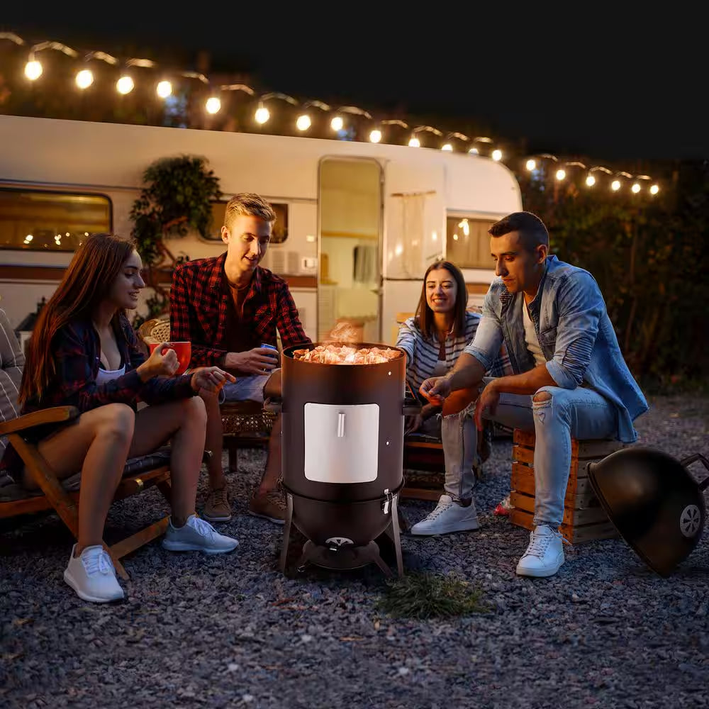 Vertical Steel Charcoal Smoker in Black Three Layer round BBQ Grill