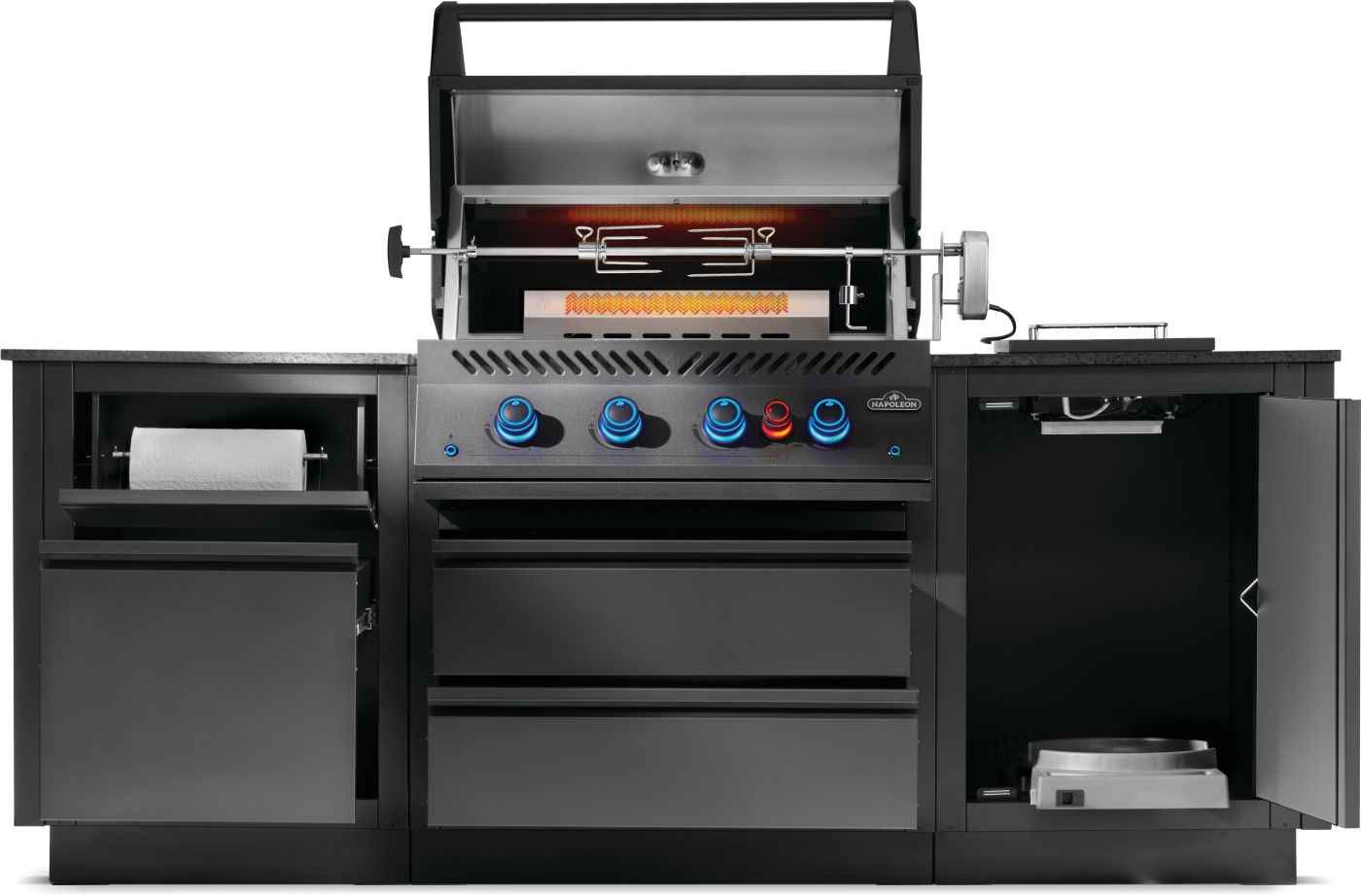 Black outdoor grill with multiple burners and storage compartments on a white background