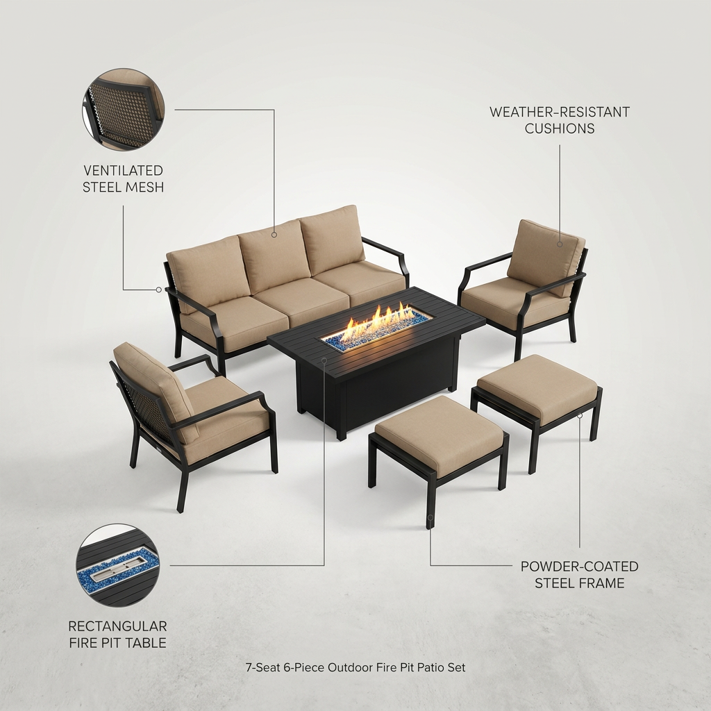 Phi Villa 6-Piece Outdoor Fire Pit Patio Set | 7-Seat Steel Conversation Set with Propane Fire Table & Beige Cushions