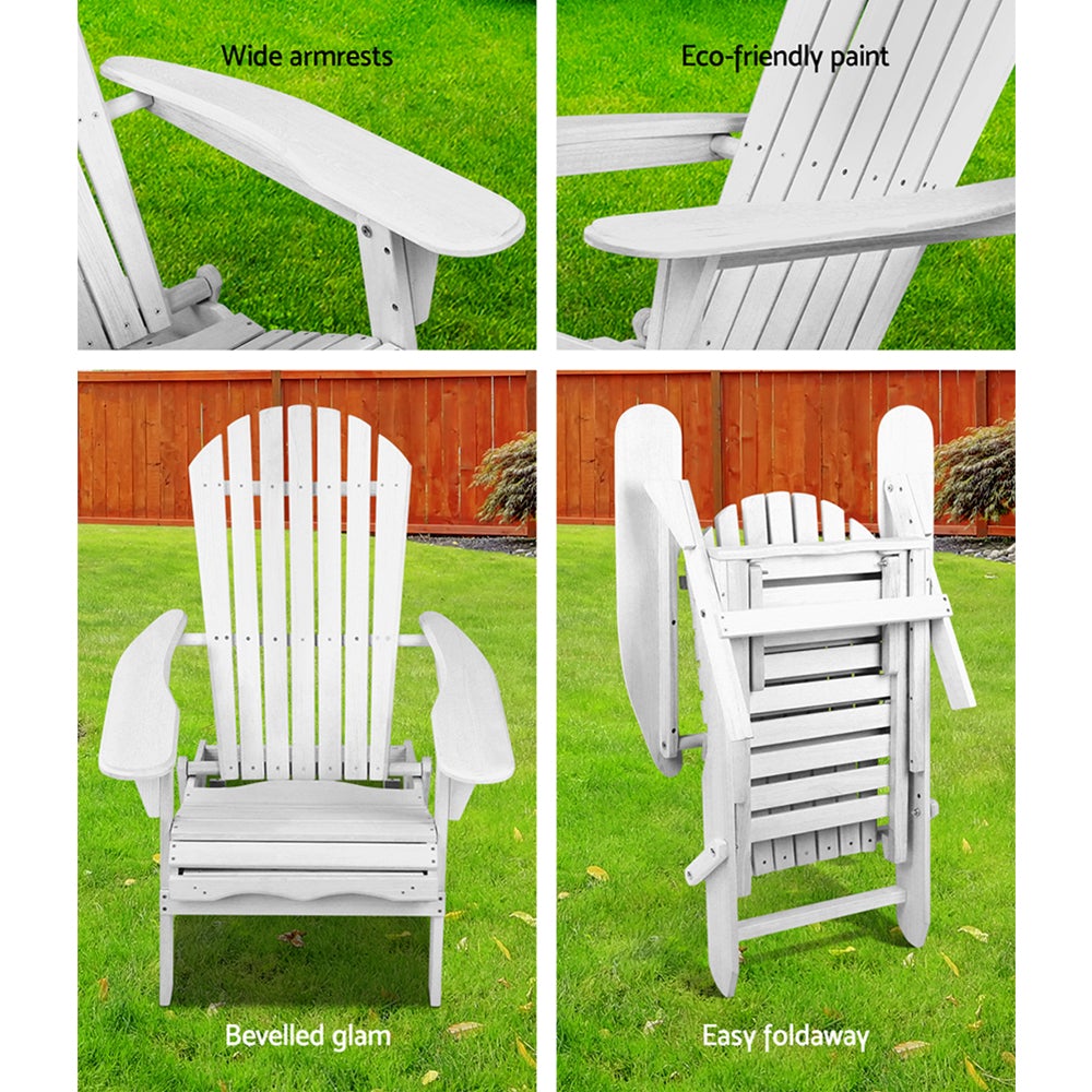 White folding chair with wide armrests, eco-friendly paint, bevelled glam design, and easy foldaway feature on a grassy background.