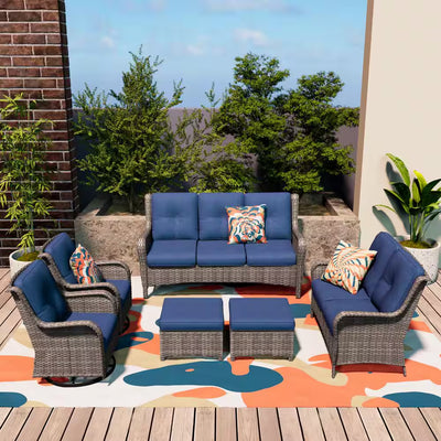 MeetLeisure 6-Piece Outdoor Patio Conversation Set | 7-Seat Steel Swivel Rocker Chairs with Blue Cushions