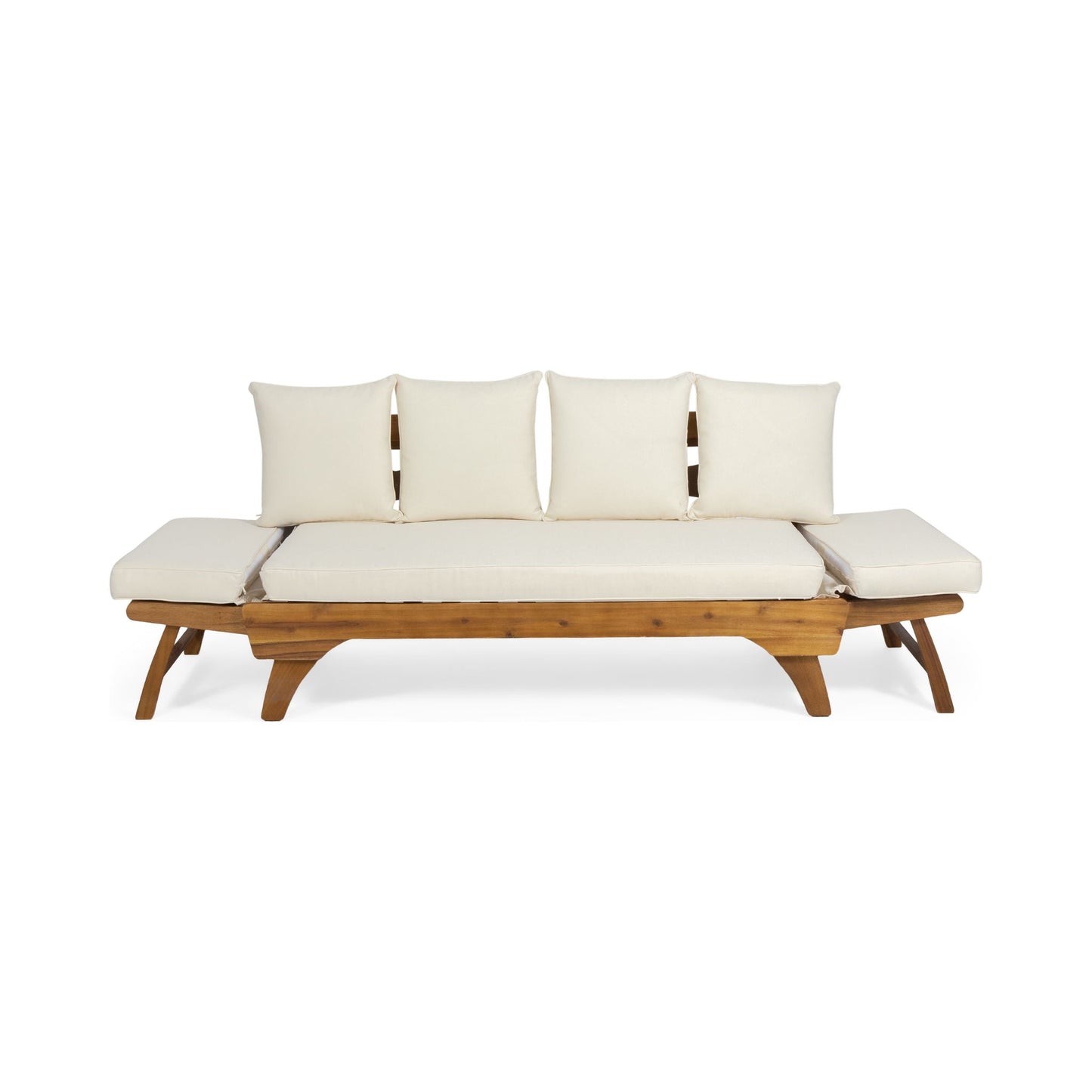 Wooden outdoor sofa with white cushions on a white background