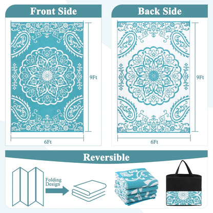 6'X9' Outdoor Rug, Patio Rug Waterproof RV Outdoor Rug Camping Rugs Reversible Plastic Mat for Camping, Balcony Apartment, Patio, Porch, Picnic, Beach, Teal