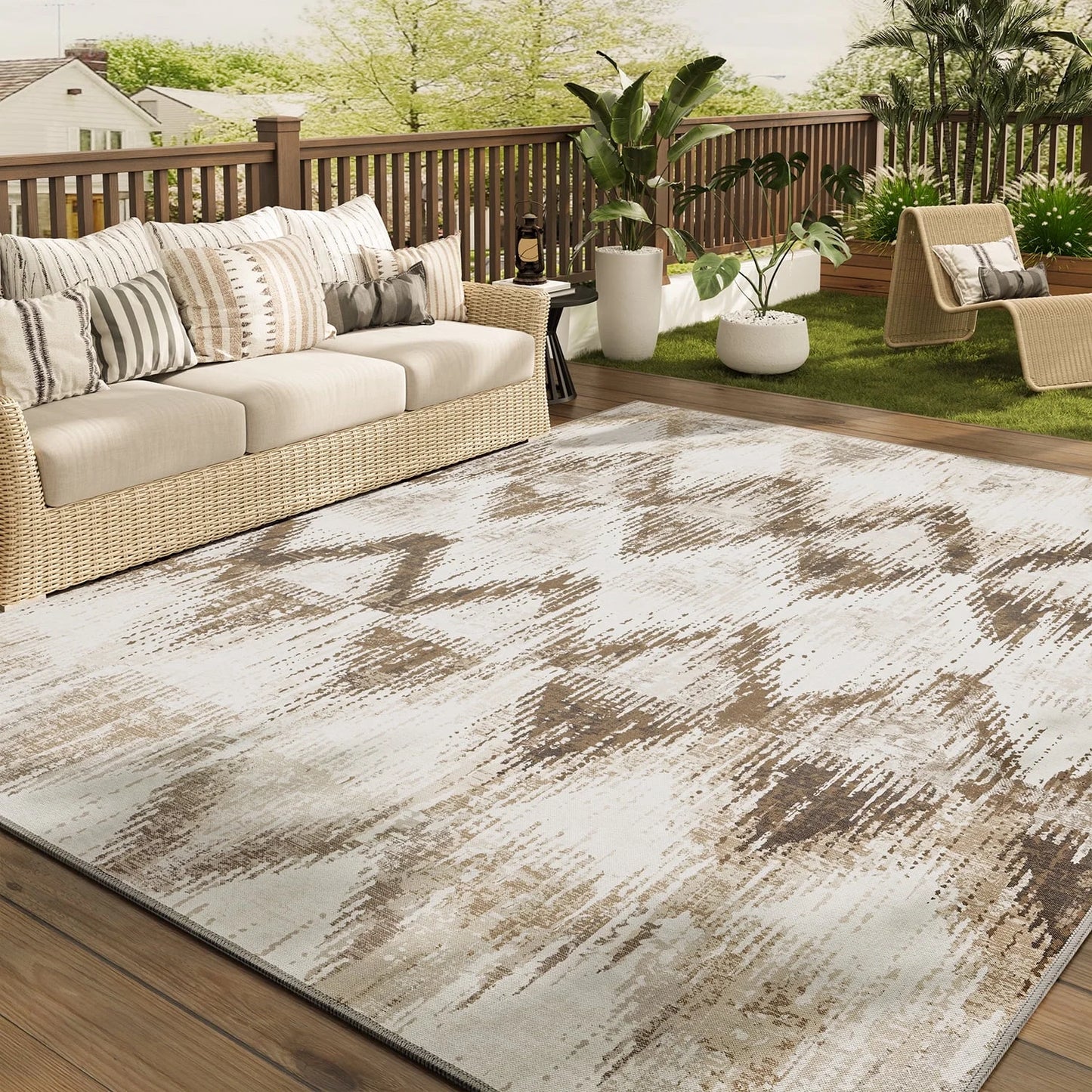 Outdoor Rugs 8'X10' Modern Diagonal Patio Carpet Washable Area Rug for Living Room Indoor Outdoor Balcony Brown