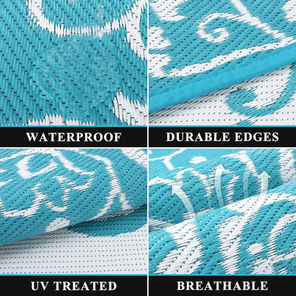 6'X9' Outdoor Rug, Patio Rug Waterproof RV Outdoor Rug Camping Rugs Reversible Plastic Mat for Camping, Balcony Apartment, Patio, Porch, Picnic, Beach, Teal