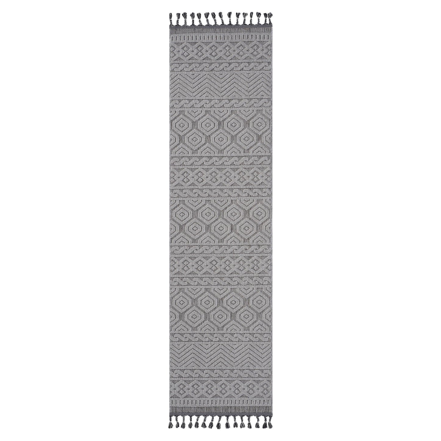 Gray patterned rug with tassels on a white background