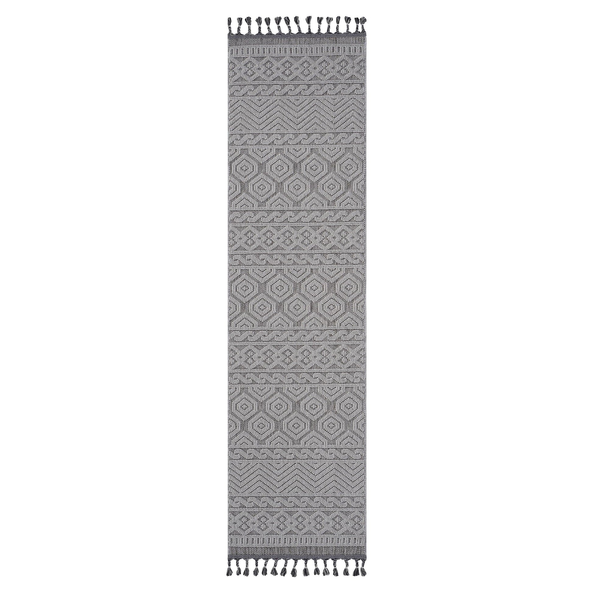 Gray patterned rug with tassels on a white background