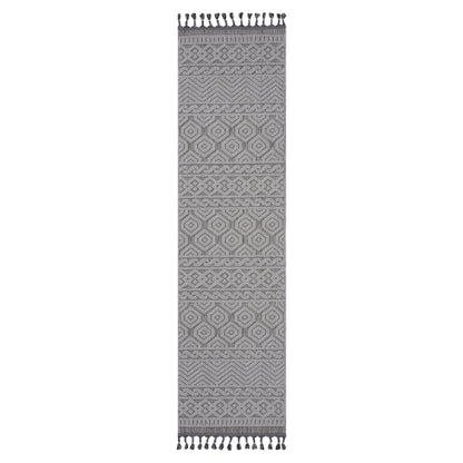 Gray patterned rug with tassels on a white background
