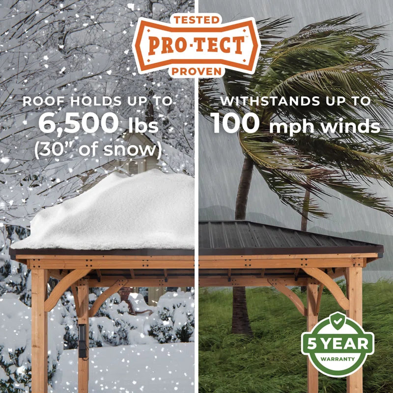Barrington 12' X 10' Cedar Wood Outdoor Patio Gazebo with Hardtop Galvanized Steel Hip Roof and Powerport