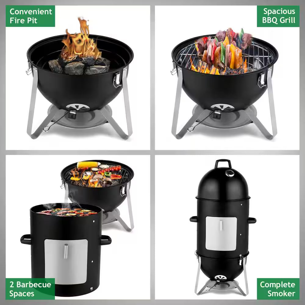 Vertical Steel Charcoal Smoker in Black Three Layer round BBQ Grill