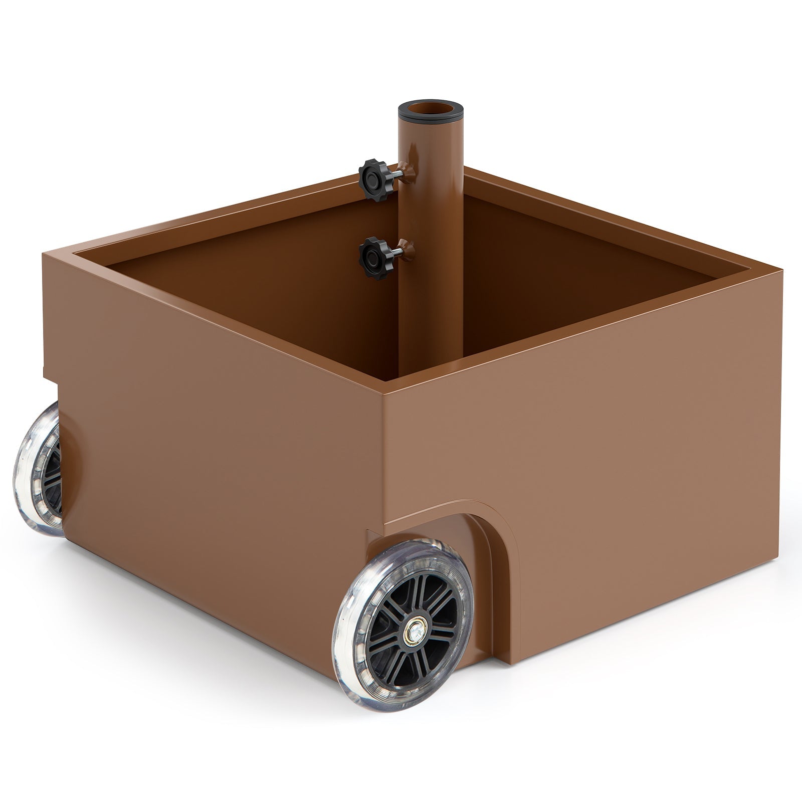 Brown rectangular container with wheels on a white background
