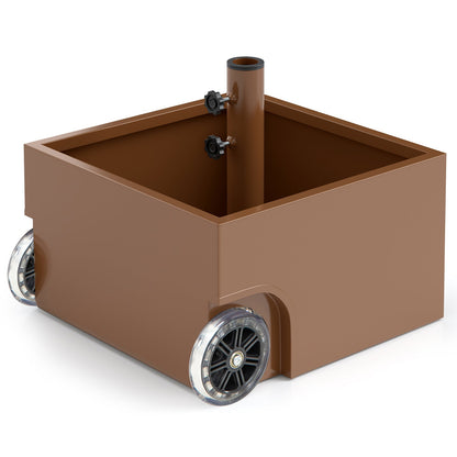 Brown rectangular container with wheels on a white background