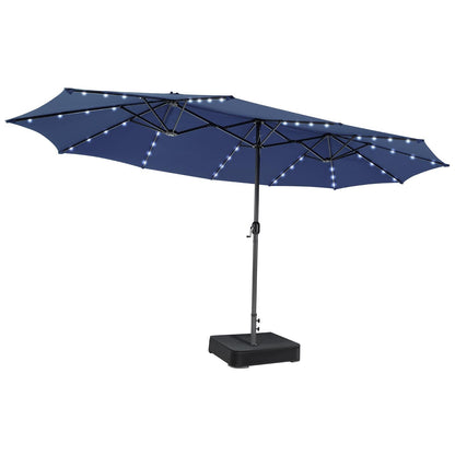 Blue patio umbrella with LED lights on a white background