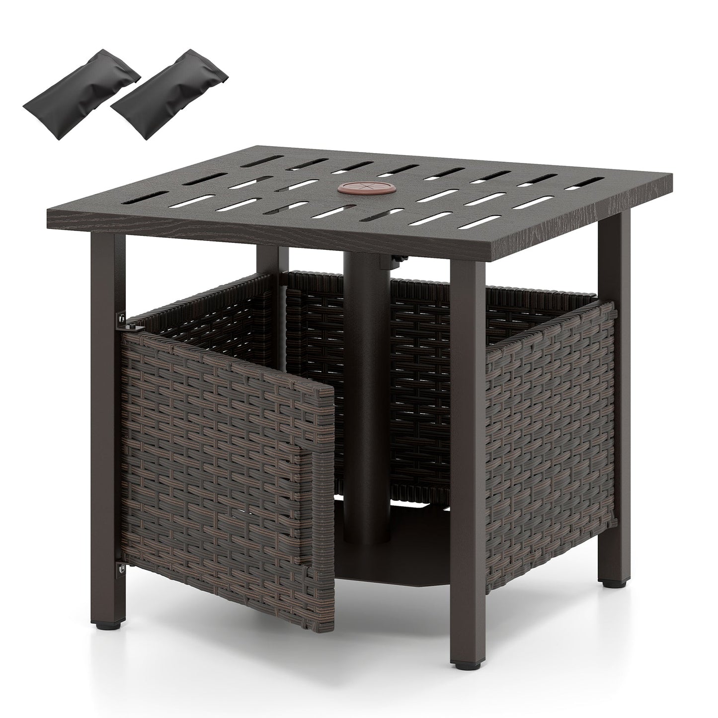 All-Weather PE Wicker Outdoor Side Table with Umbrella Hole — Brown