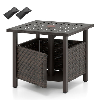 All-Weather PE Wicker Outdoor Side Table with Umbrella Hole — Brown