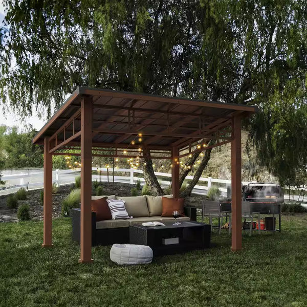 Chandler 10 Ft. x 12 Ft. Cedar Gazebo Pavilion | Iron Slope Hardtop | Waterproof Curtains Included