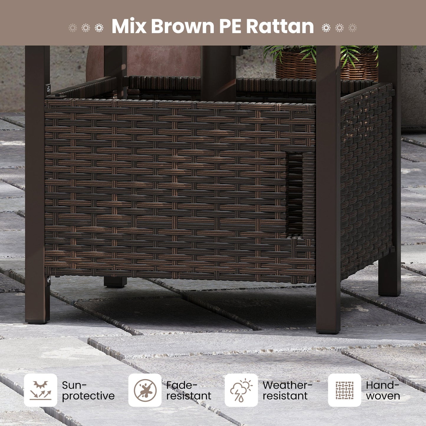 All-Weather PE Wicker Outdoor Side Table with Umbrella Hole — Brown