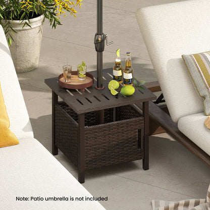 All-Weather PE Wicker Outdoor Side Table with Umbrella Hole — Brown