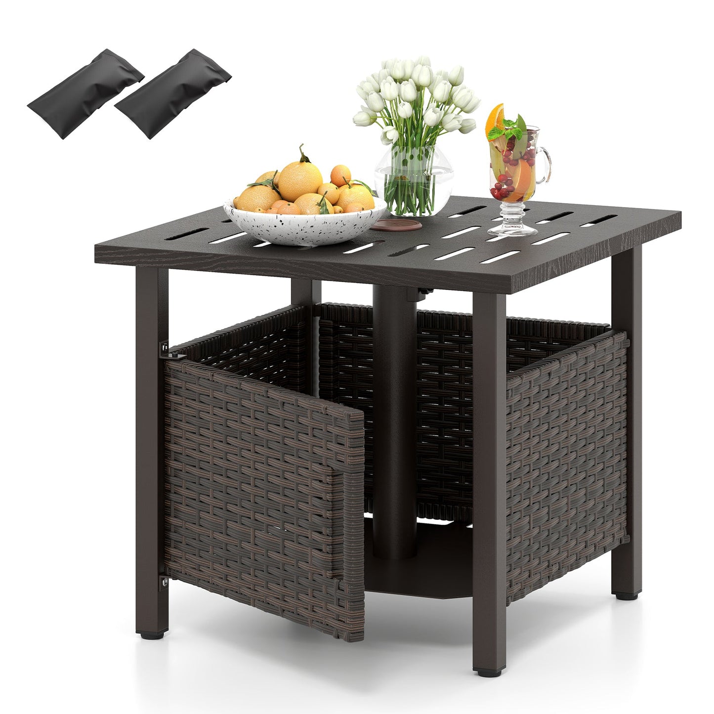 All-Weather PE Wicker Outdoor Side Table with Umbrella Hole — Brown