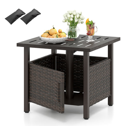All-Weather PE Wicker Outdoor Side Table with Umbrella Hole — Brown