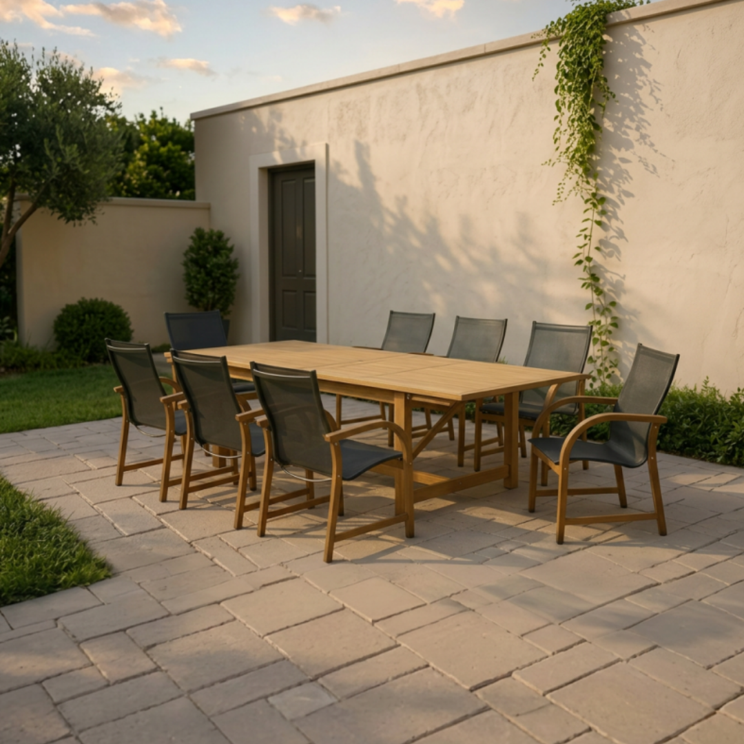 Leyland Extendable Table with Manhattan Black Chairs Outdoor Dining Set