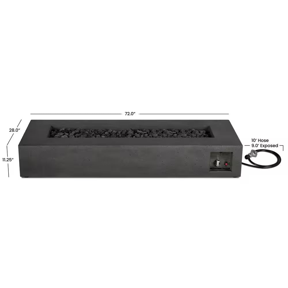 Brookhurst 72 In. W X 12 In. H Outdoor GFRC Liquid Propane Fire Pit in Carbon with Lava Rocks