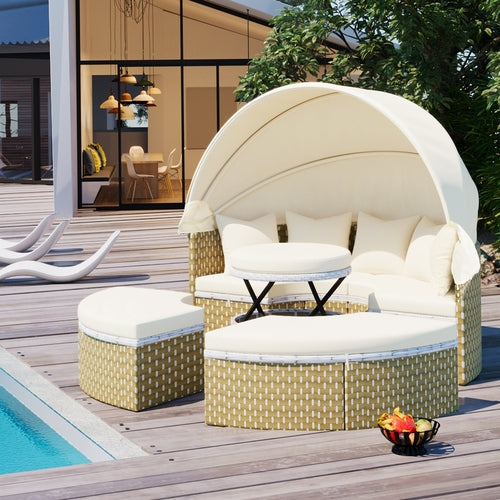 Outdoor patio furniture set with canopy by a poolside
