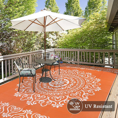 6'X9' Orange Outdoor Rug Patio Rug Waterproof RV Outdoor Rug Camping Rugs Reversible Plastic Straw Rug Large Outdoor Mat for Camping, Balcony Apartment, Patio, Porch, Picnic, Beach