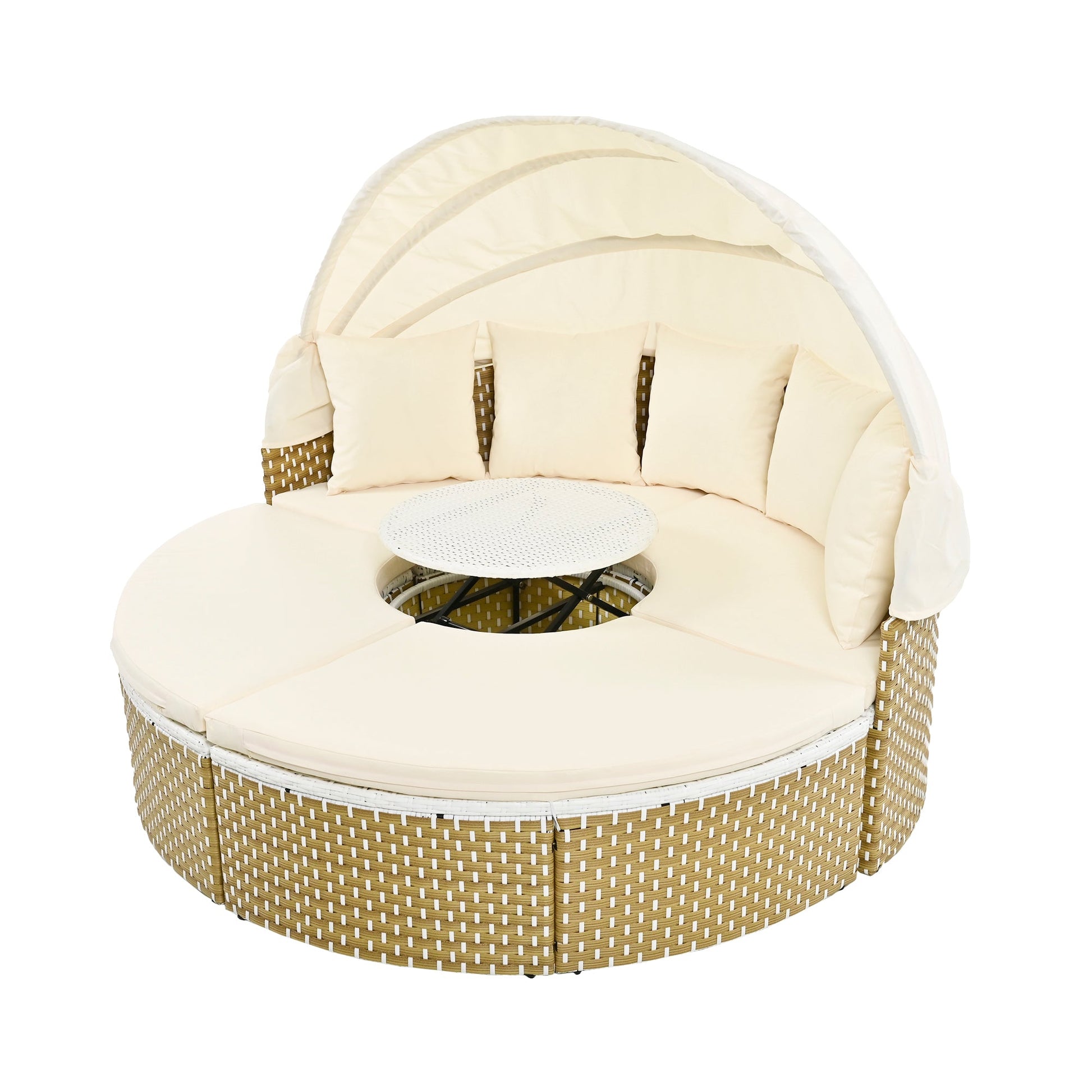 Round pet bed with beige cushion and gold polka dot base on a white background