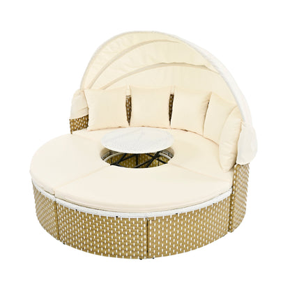 Round pet bed with beige cushion and gold polka dot base on a white background