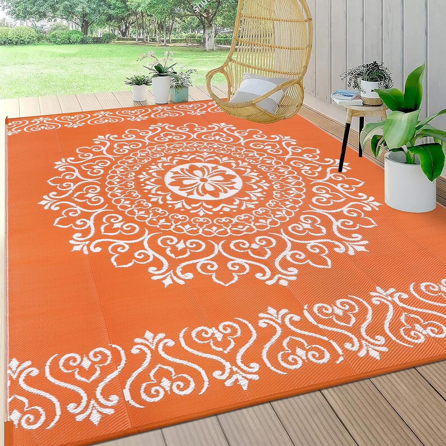 6'X9' Orange Outdoor Rug Patio Rug Waterproof RV Outdoor Rug Camping Rugs Reversible Plastic Straw Rug Large Outdoor Mat for Camping, Balcony Apartment, Patio, Porch, Picnic, Beach