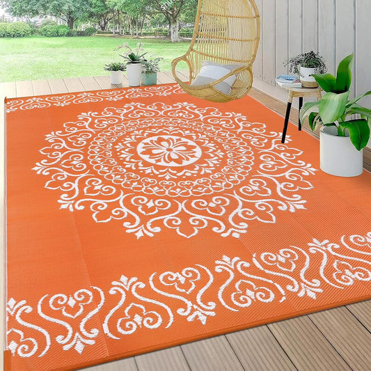 6'X9' Orange Outdoor Rug Patio Rug Waterproof RV Outdoor Rug Camping Rugs Reversible Plastic Straw Rug Large Outdoor Mat for Camping, Balcony Apartment, Patio, Porch, Picnic, Beach