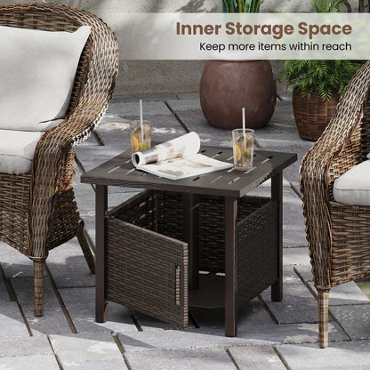 All-Weather PE Wicker Outdoor Side Table with Umbrella Hole — Brown