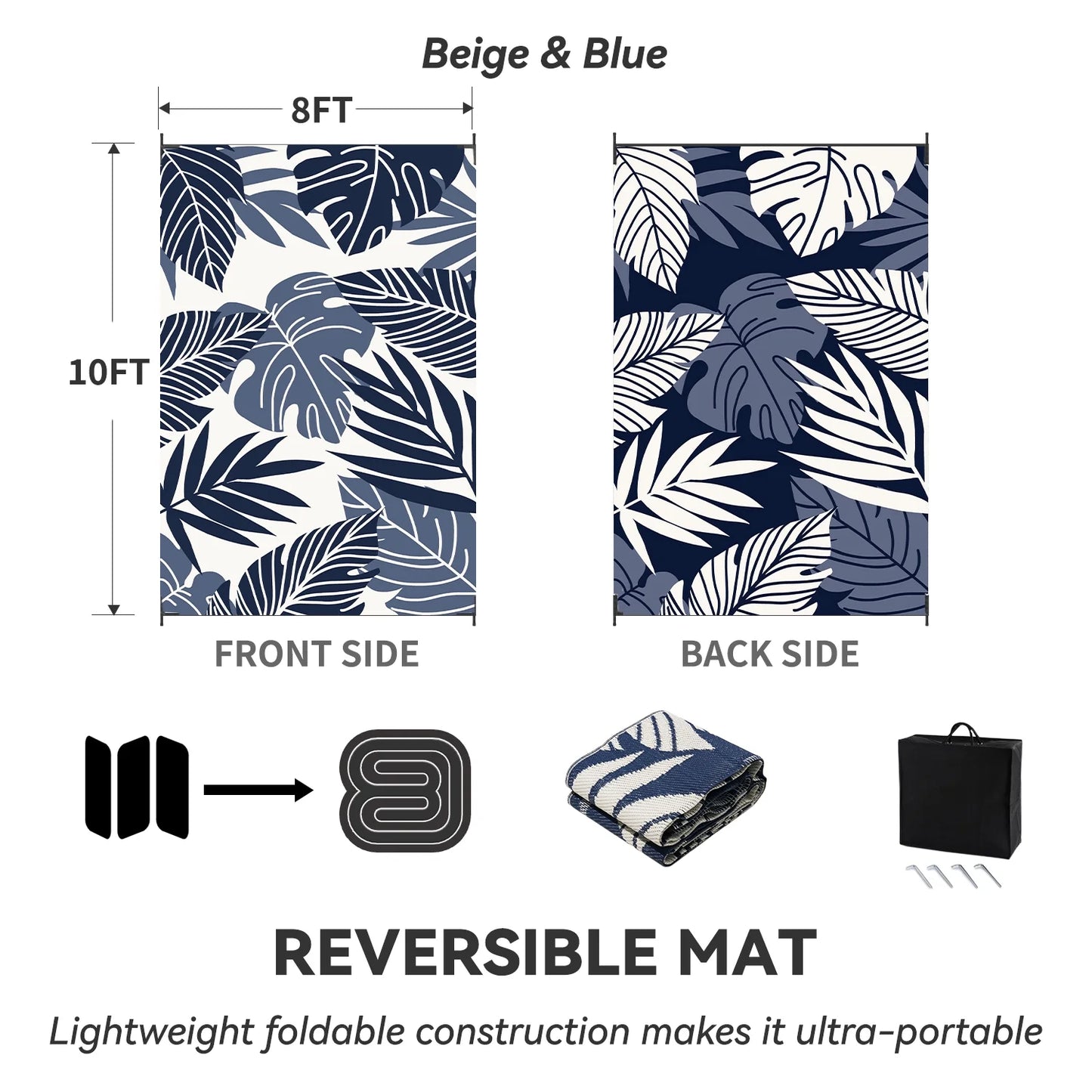Outdoor Rug 8'X10' Waterproof Reversible Patio Rug for Beach, RV, Camping, Garden, Deck - Beige/Blue