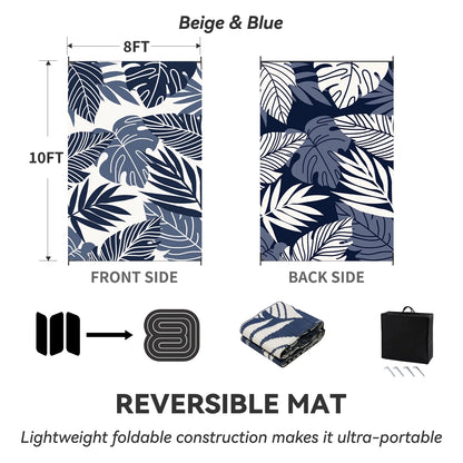 Outdoor Rug 8'X10' Waterproof Reversible Patio Rug for Beach, RV, Camping, Garden, Deck - Beige/Blue