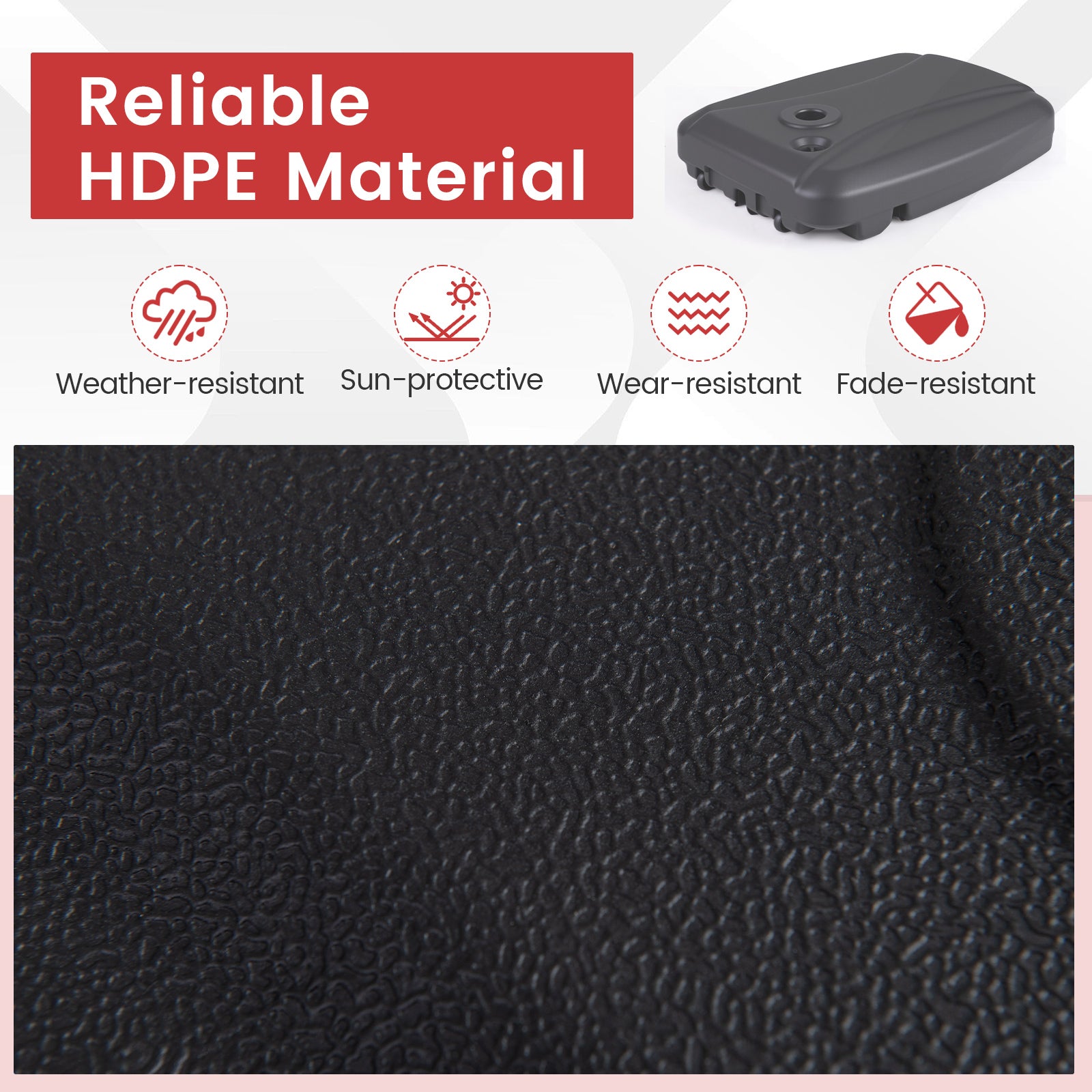 Black HDPE material with weather-resistant, sun-protective, wear-resistant, and fade-resistant features.