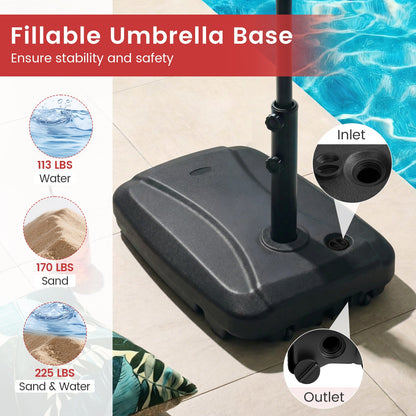 Fillable umbrella base with sand and water weight indicators on a poolside background