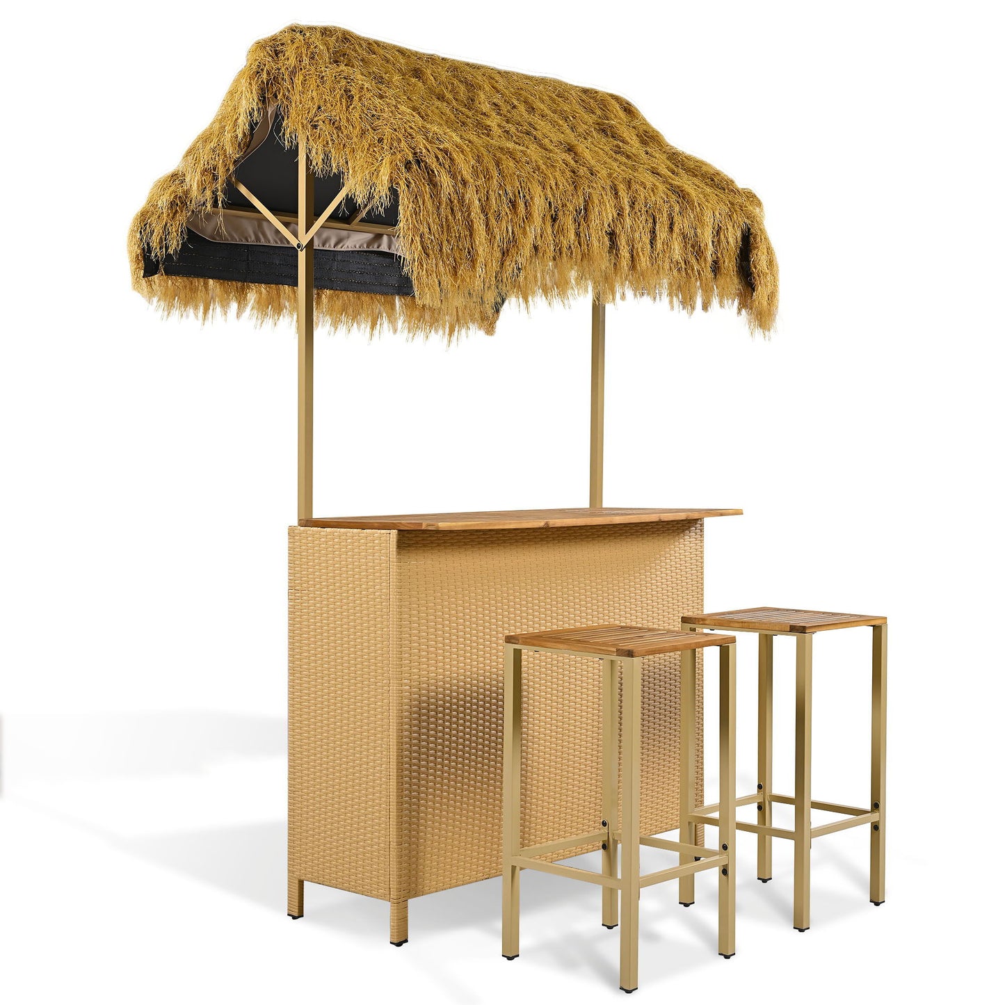 Tiki bar set with thatched roof and two stools on a white background