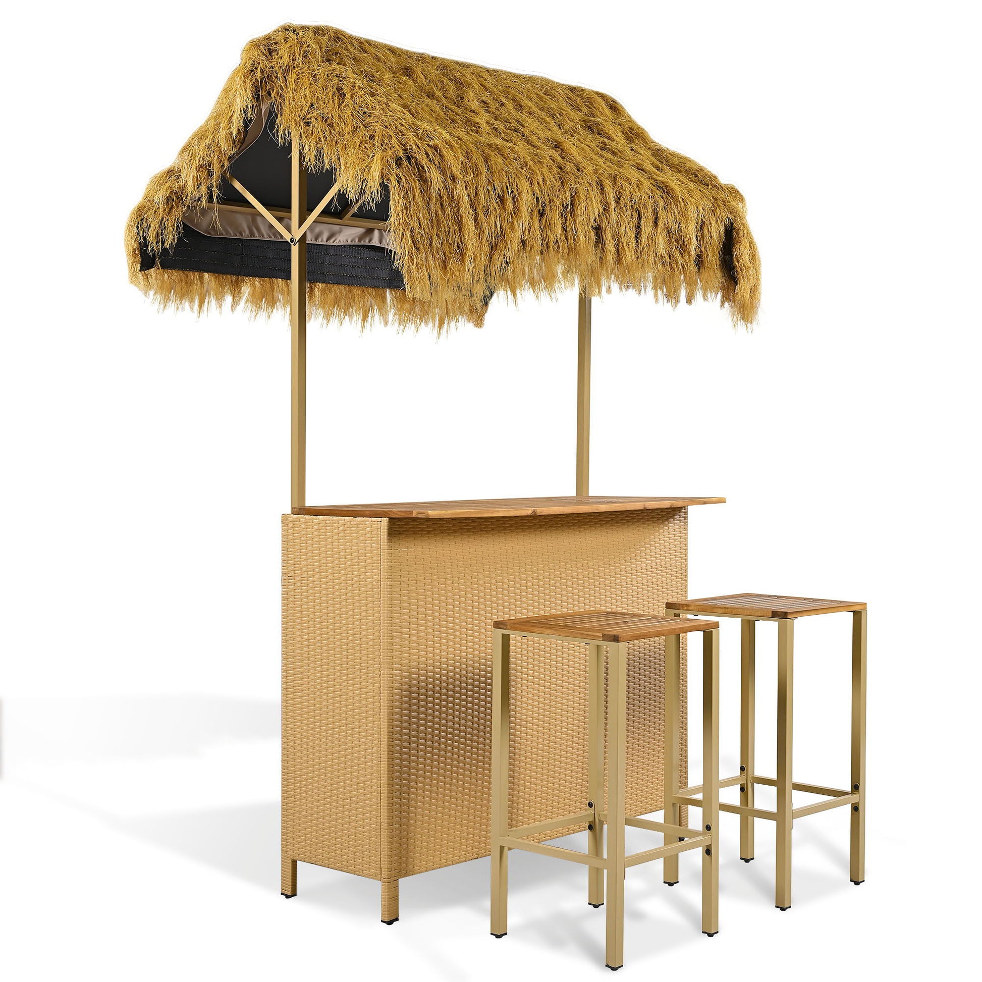 Tiki bar set with thatched roof and two stools on a white background