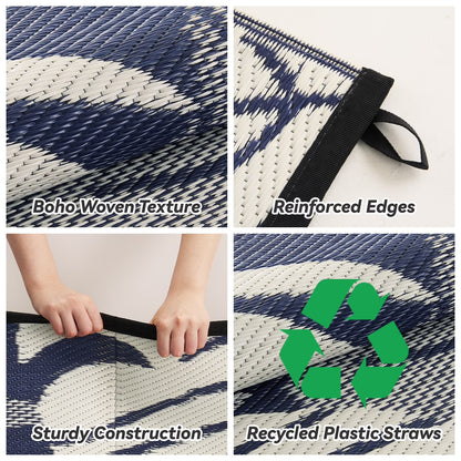 Outdoor Rug 8'X10' Waterproof Reversible Patio Rug for Beach, RV, Camping, Garden, Deck - Beige/Blue
