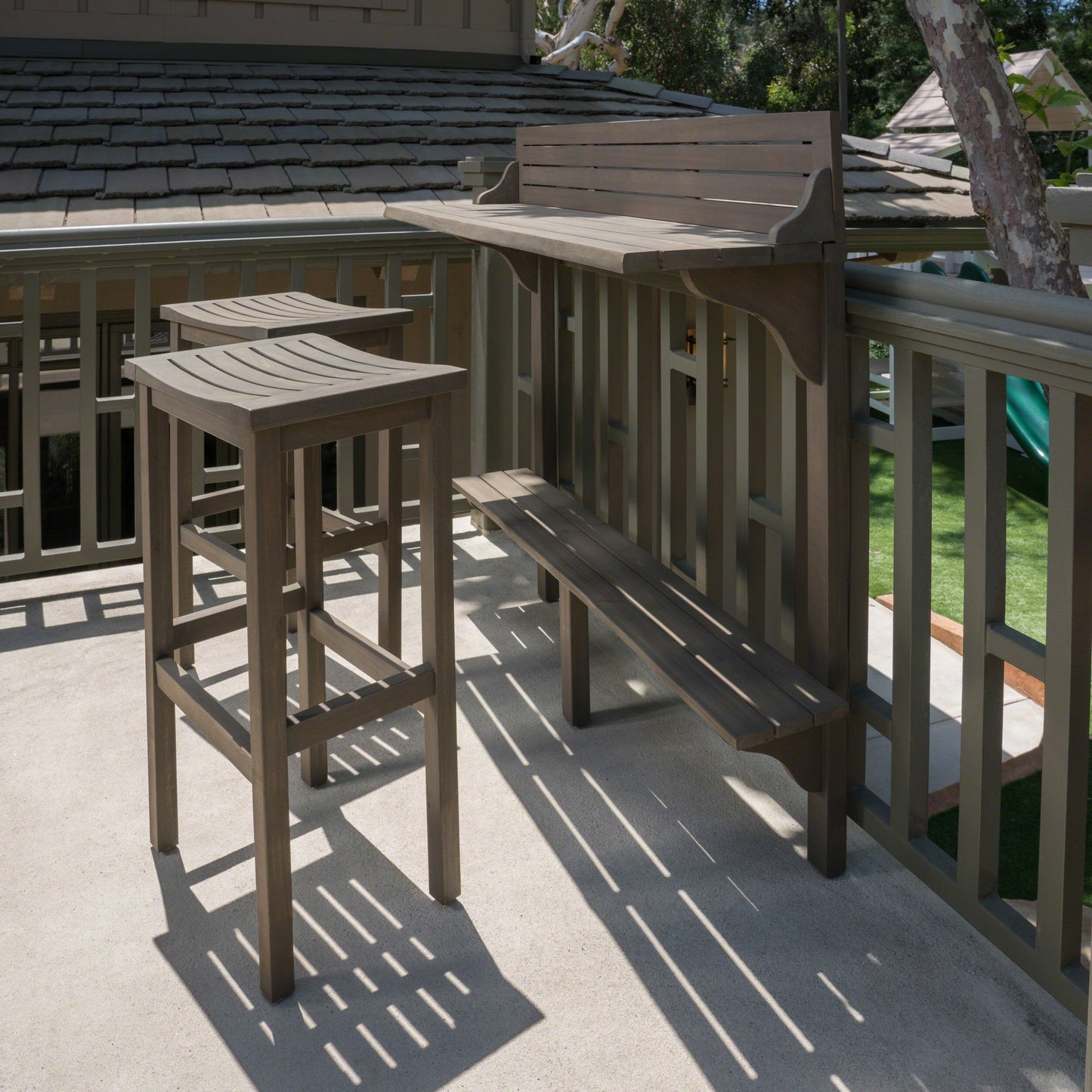 NIKKI CASA 3-Piece Outdoor Balcony Bar Set | Gray Acacia Wood | Table & 2 Stools | Seats 2