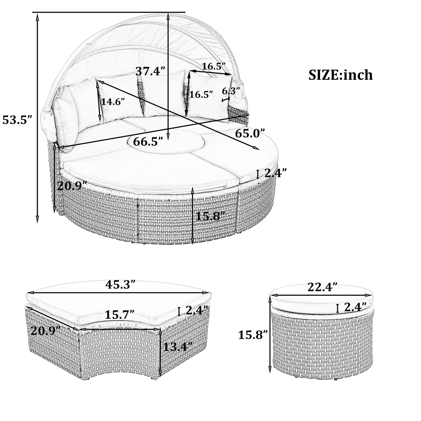 Measurement chart of a round outdoor furniture set with dimensions in inches.