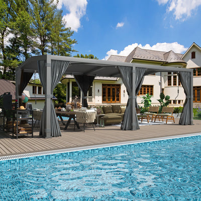 Erommy 12' x 20' Louvered Pergola | Dark Grey Aluminum Hardtop with Adjustable Roof, Curtains & Insect Nets