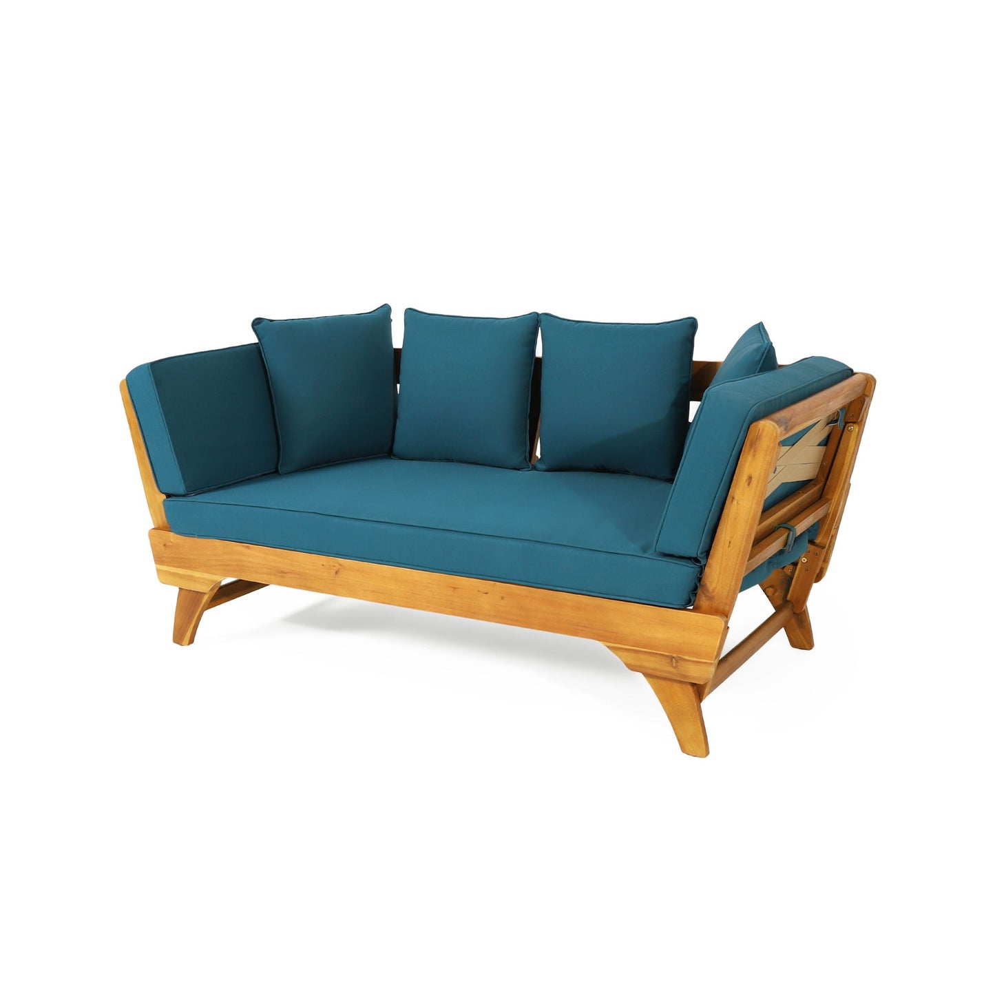 Wooden sofa with teal cushions on a white background