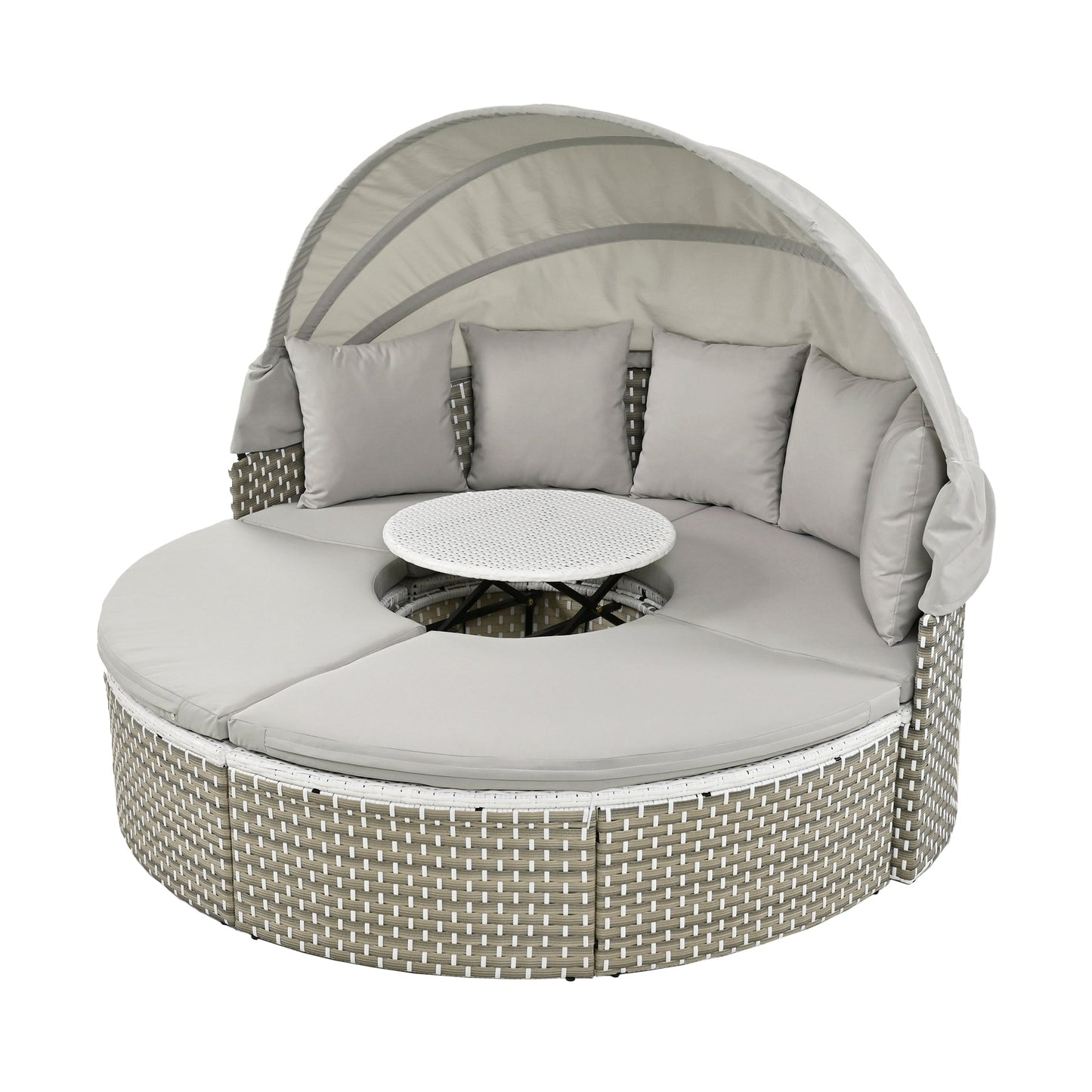 Round outdoor lounge chair with canopy and table on a white background